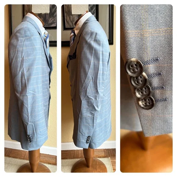 Marzotto Sartoriale Fine Italian Wool Light Blue Windowpane Jacket Size 40R